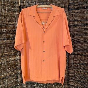 Tommy Bahama men’s, salmon, silk, embroidered shirt M.